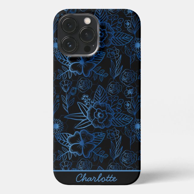 Personalised floral seamless pattern blue black  i iPhone case (Back)