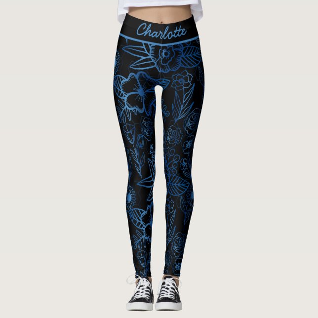 Personalised floral seamless pattern blue black leggings (Front)