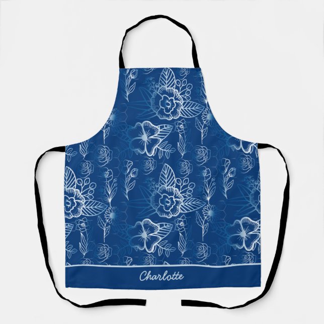 Personalised floral seamless pattern white - blue  apron (Front)