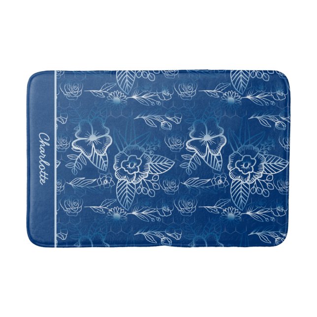 Personalised floral seamless pattern white - blue  bath mat (Front)