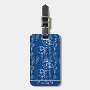 Personalised floral seamless pattern white blue luggage tag
