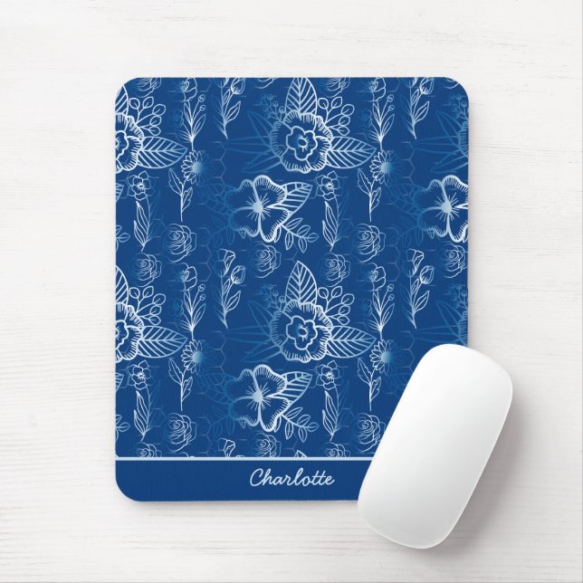 Personalised floral seamless pattern white - blue  mouse pad (With Mouse)