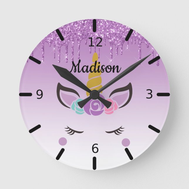 Personalised Floral Sleeping Unicorn Round Clock (Front)