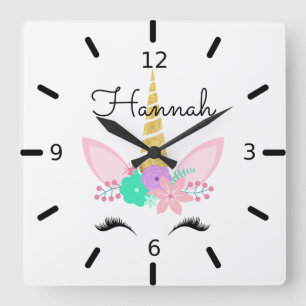 Personalised Floral Smiling Unicorn Square Wall Clock