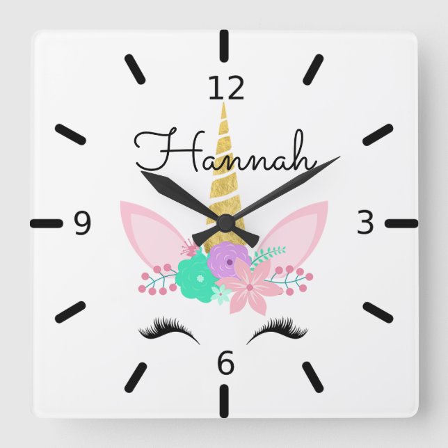 Personalised Floral Smiling Unicorn Square Wall Clock (Front)