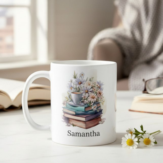 Personalised Floral Stacked Books Coffee Mug (Creator Uploaded)