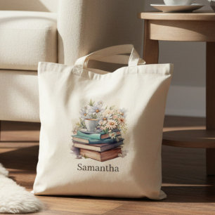 Personalised Floral Stacked Books Tote Bag