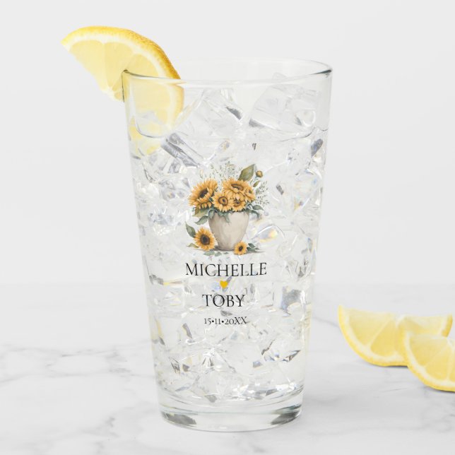 Personalised Floral Sunflower Newlyweds Wedding Glass (Front Ice)