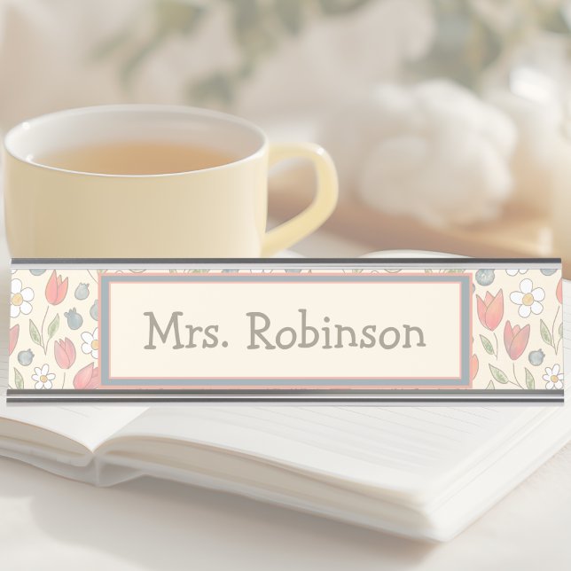Personalised Floral Teacher Desk Nameplate (Whimsical Floral Teacher Name Plate for Desk)