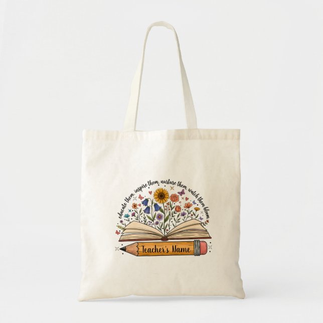 Personalised Floral Teacher Name Tote Bag | Custom (Front)