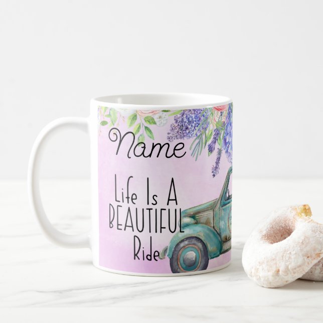 Personalised Floral Truck Design Coffee Mug Cup (With Donut)