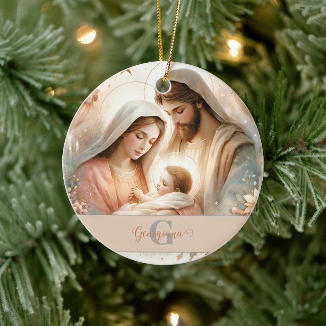 Personalised Floral Watercolor Baby Jesus Nativity Ceramic Tree Decoration (Tree)