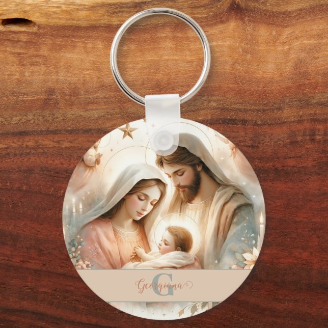 Personalised Floral Watercolor Baby Jesus Nativity Key Ring (Front)
