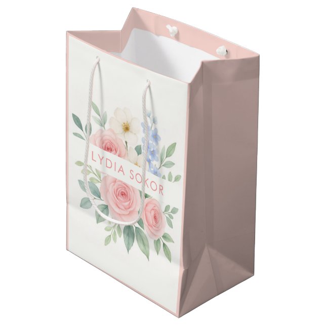 Personalised Floral Watercolor  Medium Gift Bag (Front Angled)