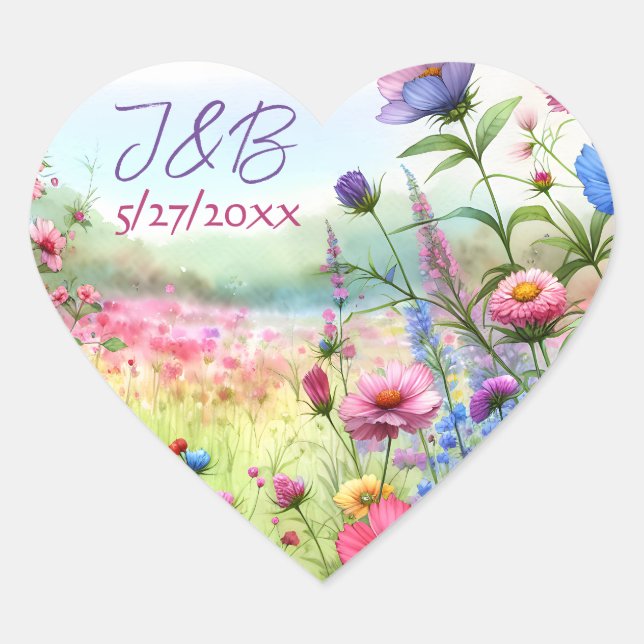 Personalised Floral Wedding Personalised Heart Sticker (Front)
