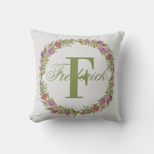Personalised Floral Wreath Last Name Monogram Cushion