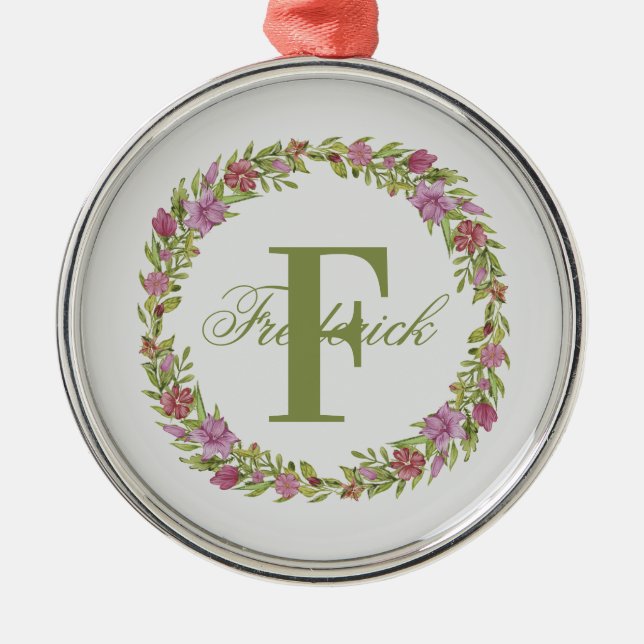 Personalised Floral Wreath Last Name Monogram Metal Tree Decoration (Front)