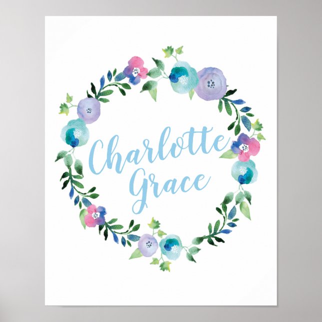 Personalised Floral wreath name poster print (Front)