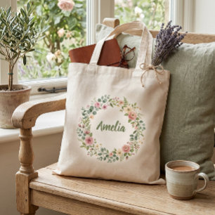 Personalised Floral Wreath Tote Bag   Custom Name