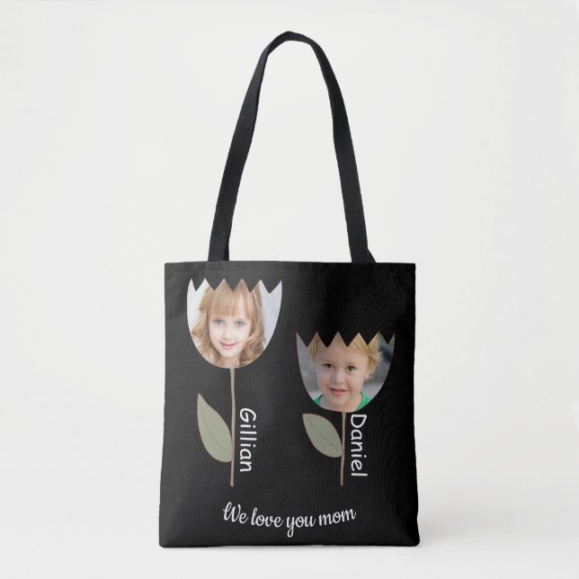Personalised flower photos and names on black Tote (Front)