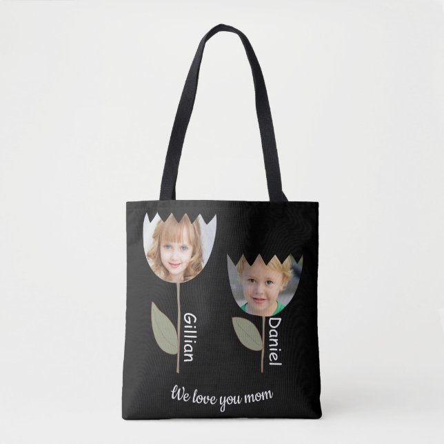 Personalised flower photos and names on black Tote Bag (Front)