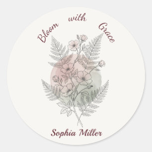 Personalised Flower Pink Rose Custom Name Office Classic Round Sticker