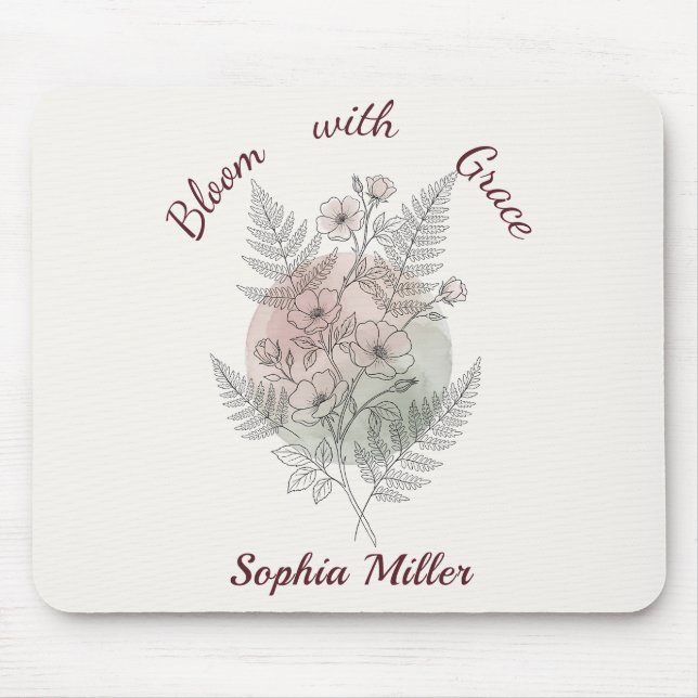 Personalised Flower Pink Rose Custom Name Office Mouse Pad (Front)