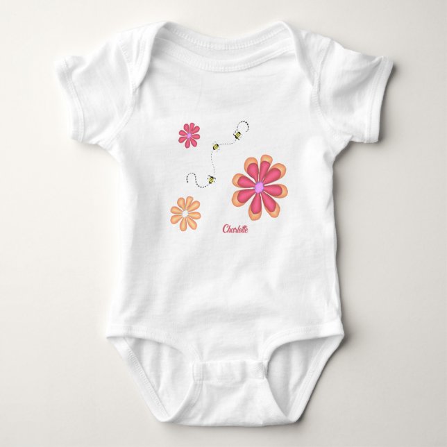 Personalised Flowers and Bees Baby Bodysuit (Front)