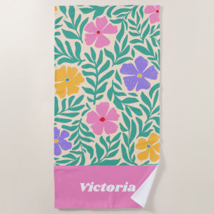 Personalised Flowers Beach Towel   70s Boho Custom
