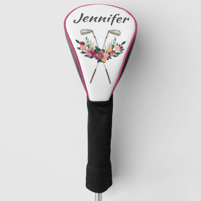 Personalised Flowers with Clubs Womens Driver Golf Head Cover (Front)