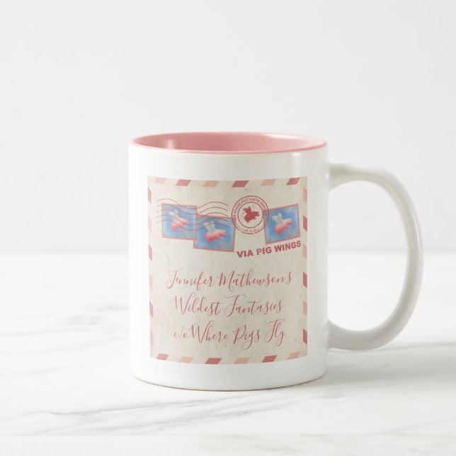 Personalised Flying Pig Postage Two-Tone Coffee Mug (Right)