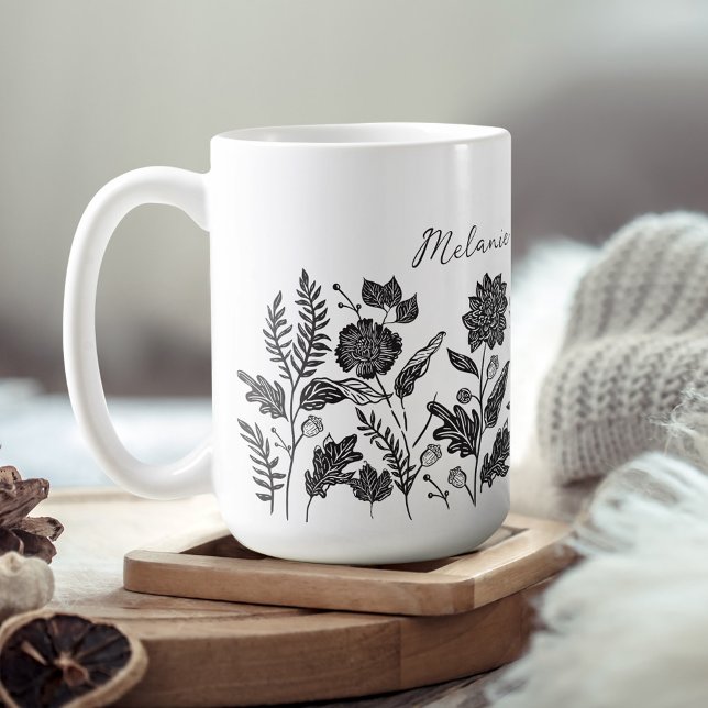 Personalised Foliage Autumn Flowers Black Coffee Mug (Personalized Foliage Autumn Flowers Black Coffee Mug)