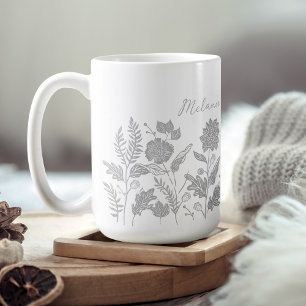 Personalised Foliage Autumn Flowers Grey Coffee Mug