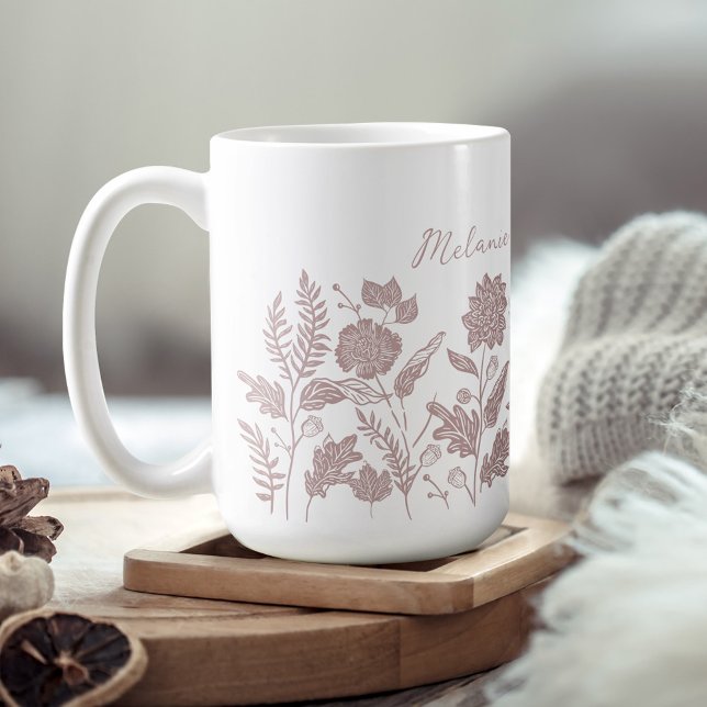 Personalised Foliage Autumn Flowers Pink Coffee Mug (Personalized Foliage Autumn Flowers Pink Coffee Mug)