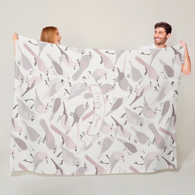 Personalised Folk Art Mauve Bird Pattern Fleece Blanket (In Situ)