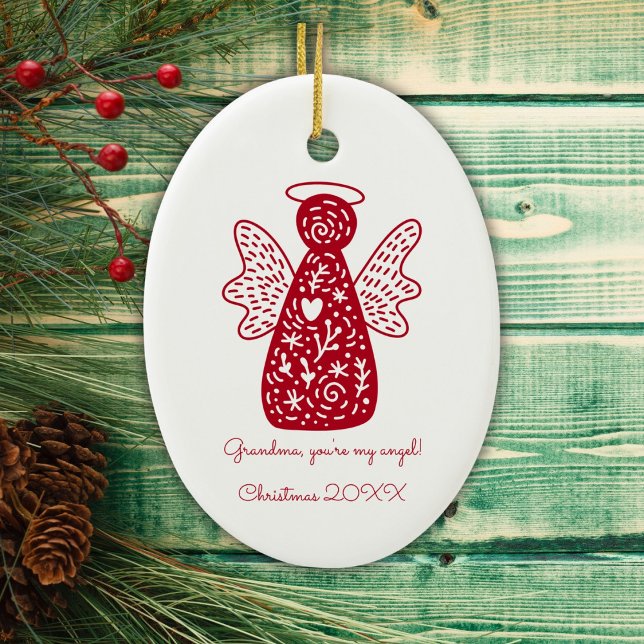 Personalised Folk Art Red Angel Scandinavian Ceramic Tree Decoration (Personalize with a message to someone special and the year.)