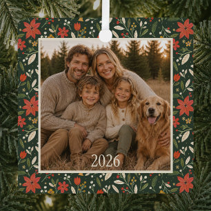 Personalised Folk Floral Family Photo Christmas Metal Tree Decoration