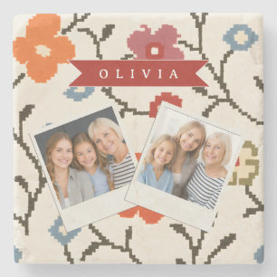 Personalised Folk Scandi Boho Vintage Floral  Stone Coaster