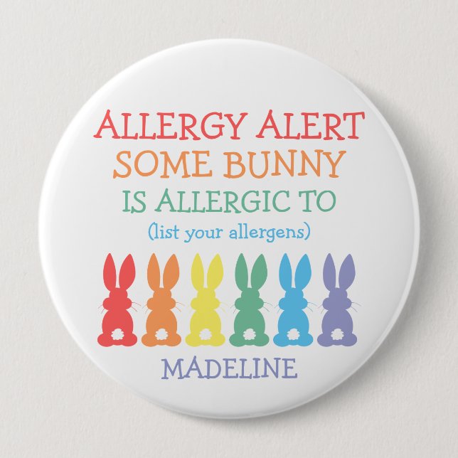 Personalised Food Allergy Alert Easter Bunny Kids 10 Cm Round Badge (Front)