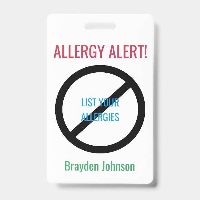 Personalised Food Allergy Alert Kids Medical Alert ID Badge (Front)
