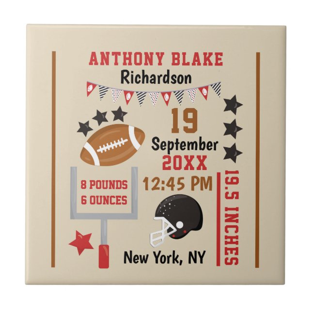 Personalised Football Baby Boy Birth Stats Record Tile (Front)
