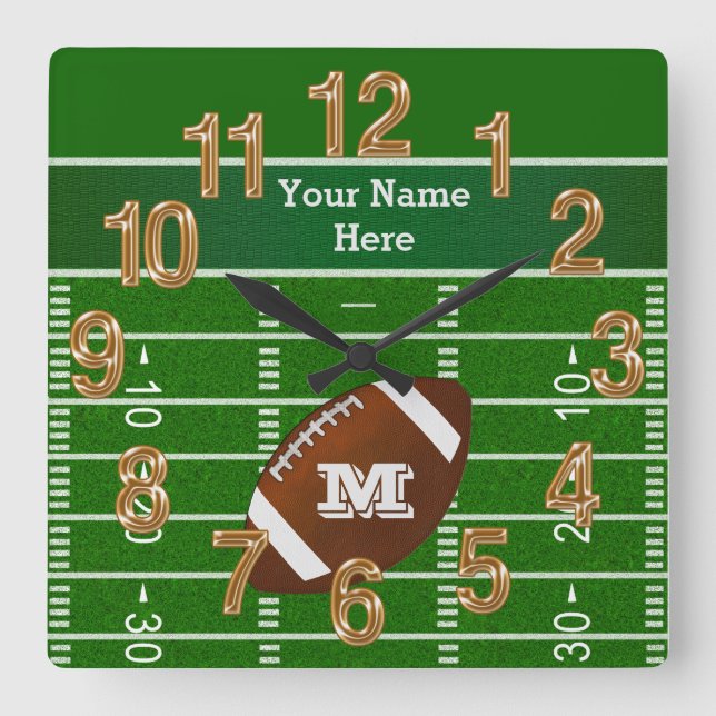 Personalised Football Clocks, Your Name, Monogram Square Wall Clock (Front)