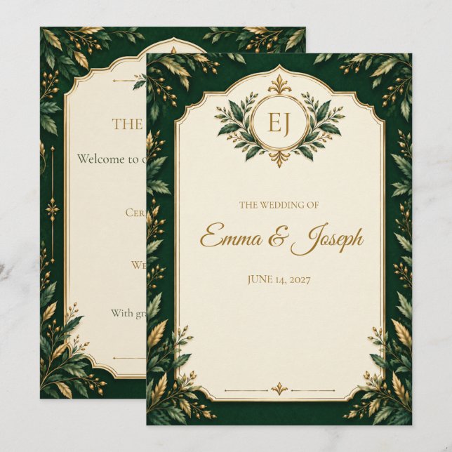 Personalised Forest Green Gold Wedding program Programme (Front/Back)