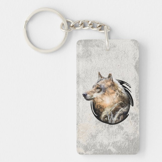 Personalised Forest Wolf Design. Key Ring (Front)