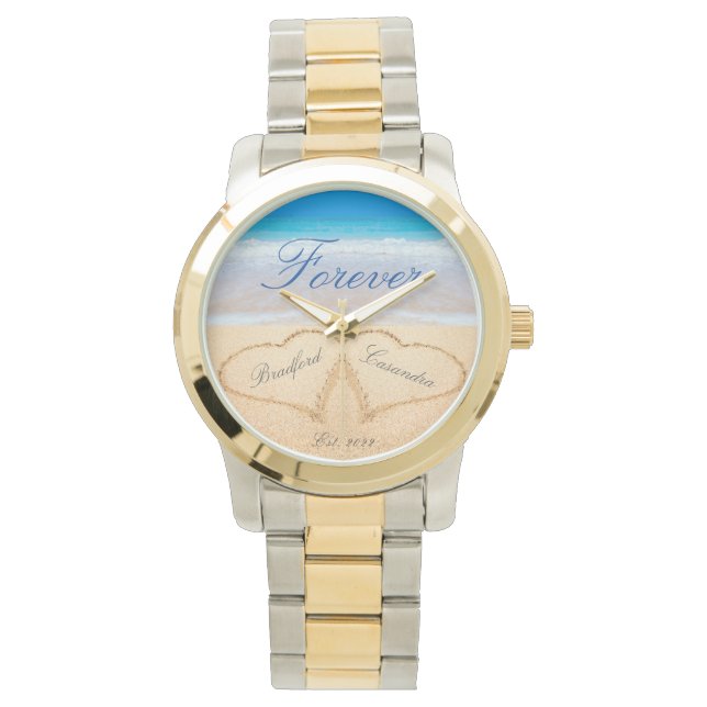  Personalised Forever Hearts in Sand Beach Wedding Watch (Front)