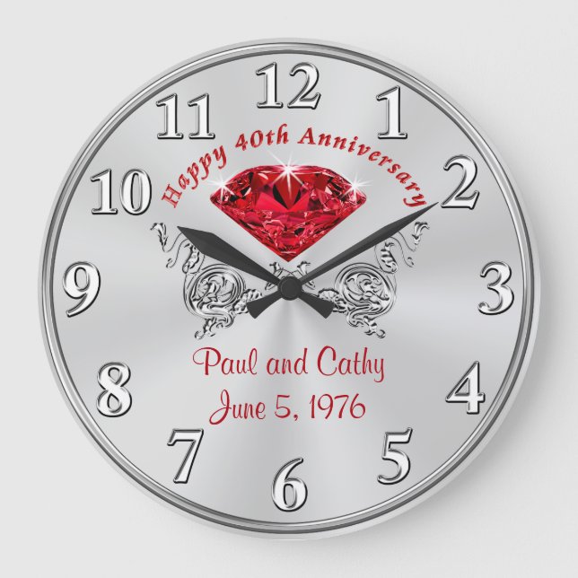 Personalised Fortieth RUBY Anniversary Gift Clock (Front)
