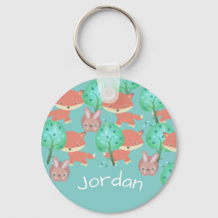 Personalised Fox and Bunny Woodland Pattern Key Ring