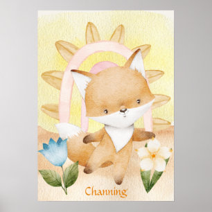 Personalised Fox Baby Animals Boho Rainbow  Poster
