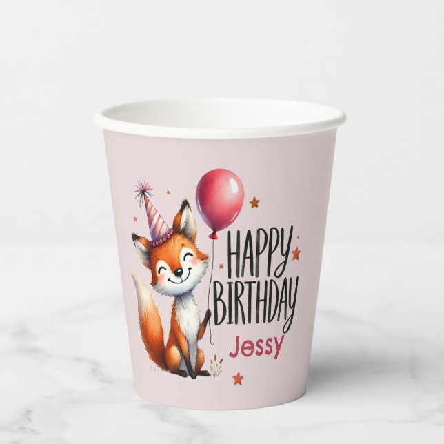 Personalised Fox Happy Birthday Paper Cups (Front)