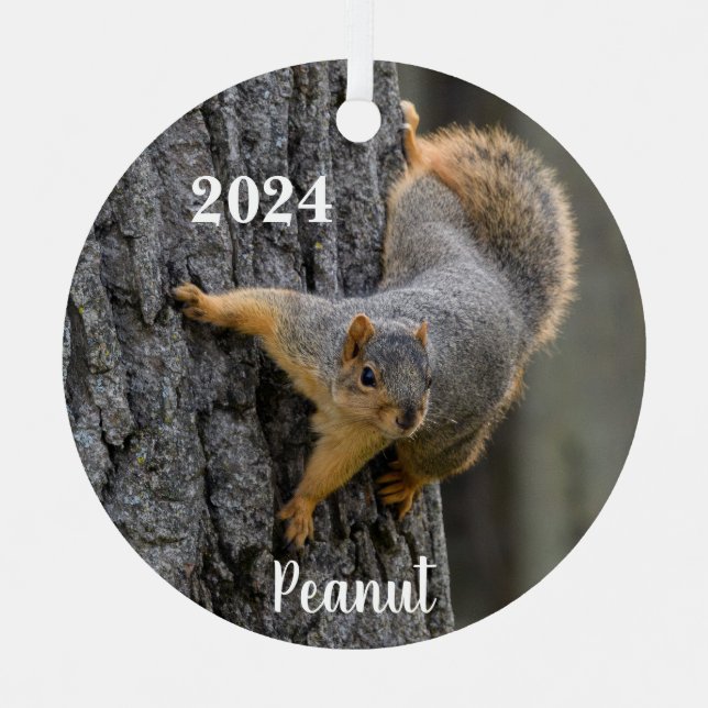 Personalised Fox Squirrel on a Tree Metal Tree Decoration (Front)